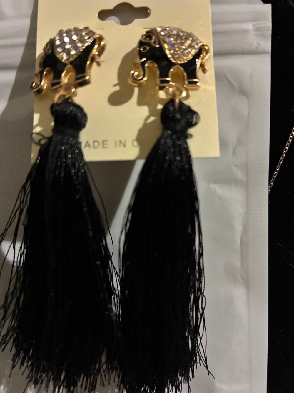 Gold Elephant Black Tassel Statement Earrings